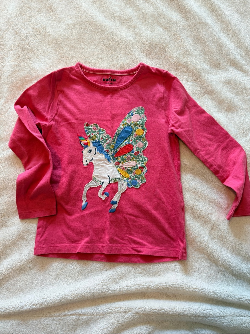 Boden Hot Pink Long-Sleeve Tee with Colorful Unicorn Wing Applique